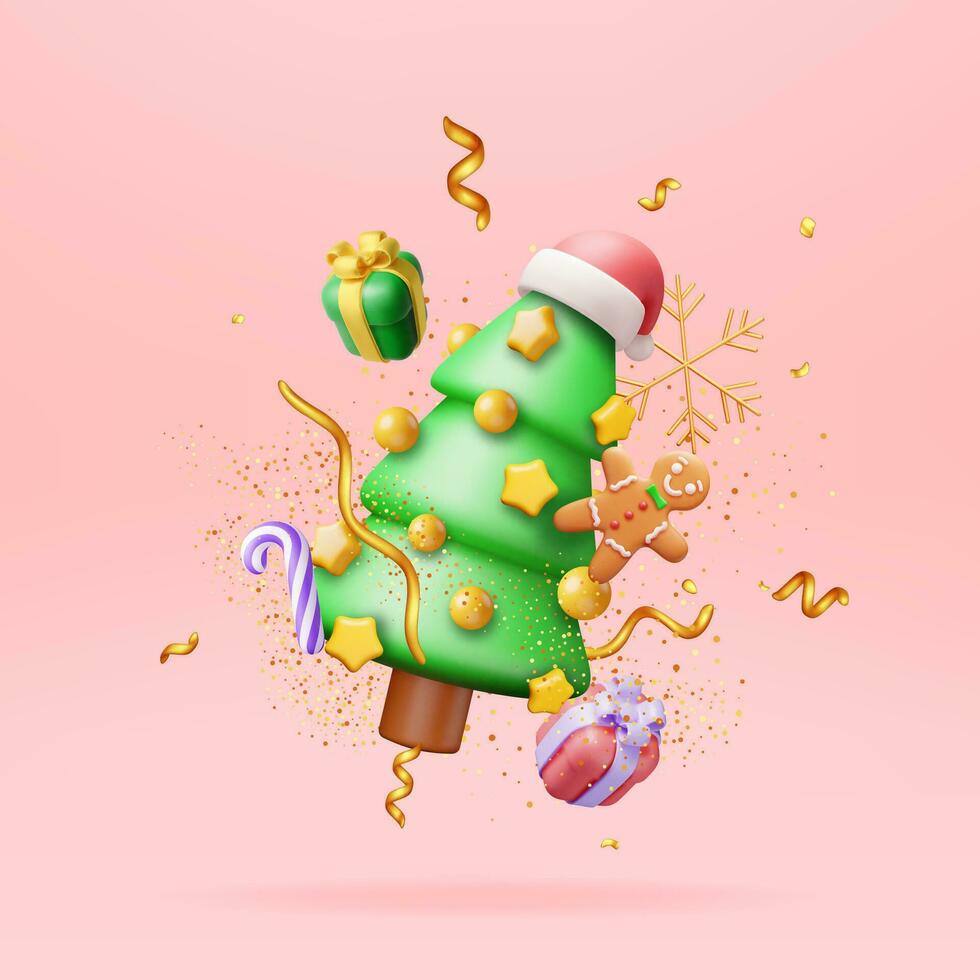 3d Kerstmis boom versierd met geschenk dozen, kleurrijk ballen, slinger lichten, gouden ster. geven spar, groenblijvend boom. groet kaart, feestelijk poster, partij uitnodigingen. nieuw jaar. vector illustratie