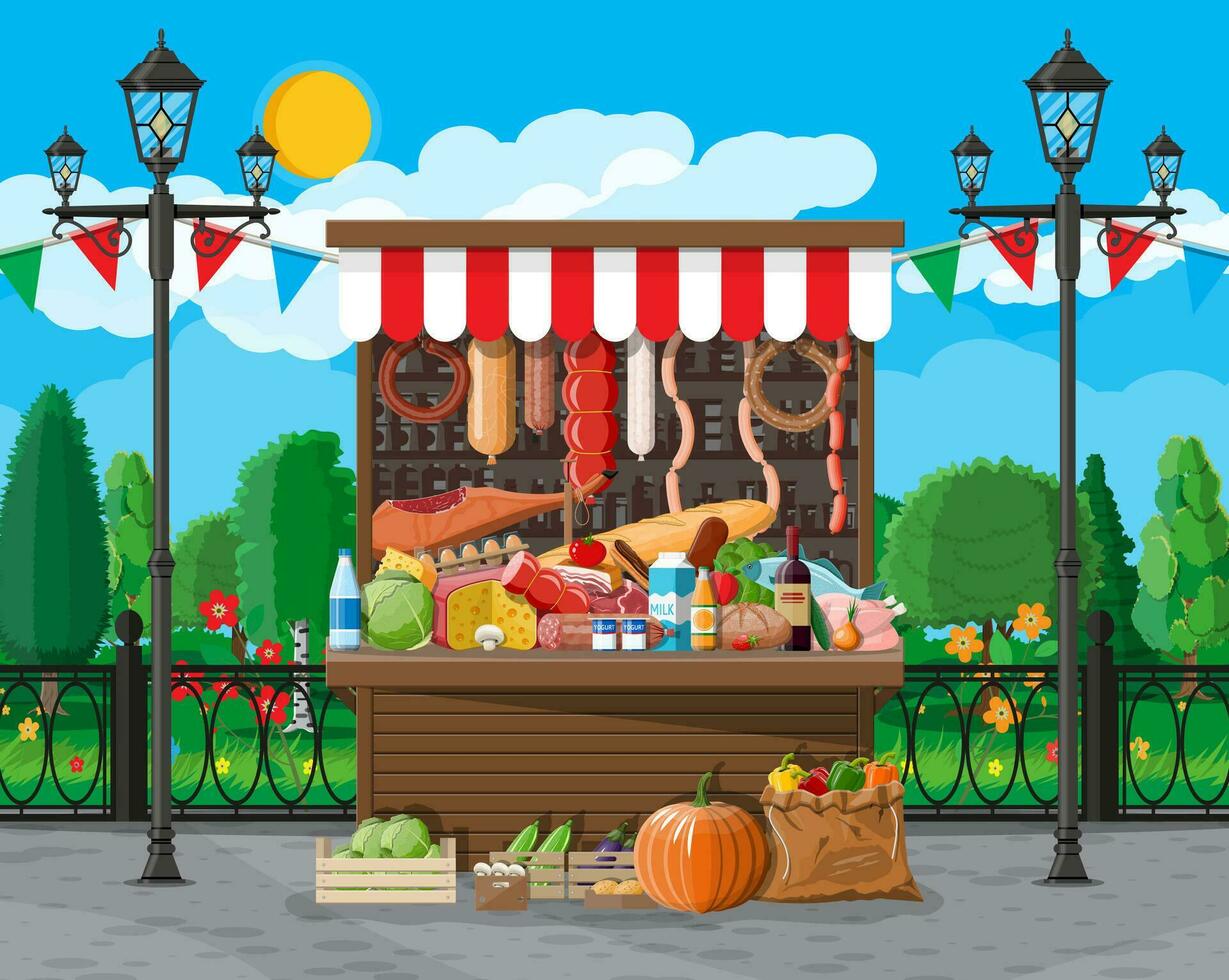 traditioneel markt houten voedsel kraam vol van voedsel met vlaggen, kratten. stad park, straat lamp en bomen. lucht met wolken en zon. eerlijk, kruidenier en winkelen. vector illustratie vlak stijl