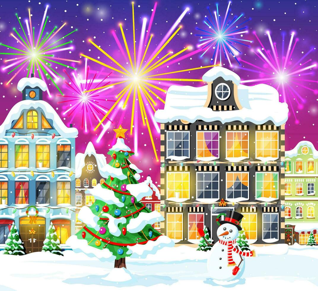 Kerstmis kaart met stedelijk landschap en vuurwerk. stadsgezicht met kleurrijk huizen met groet in nacht. winter dorp knus stad- stad panorama. nieuw jaar Kerstmis Kerstmis spandoek. vlak vector illustratie