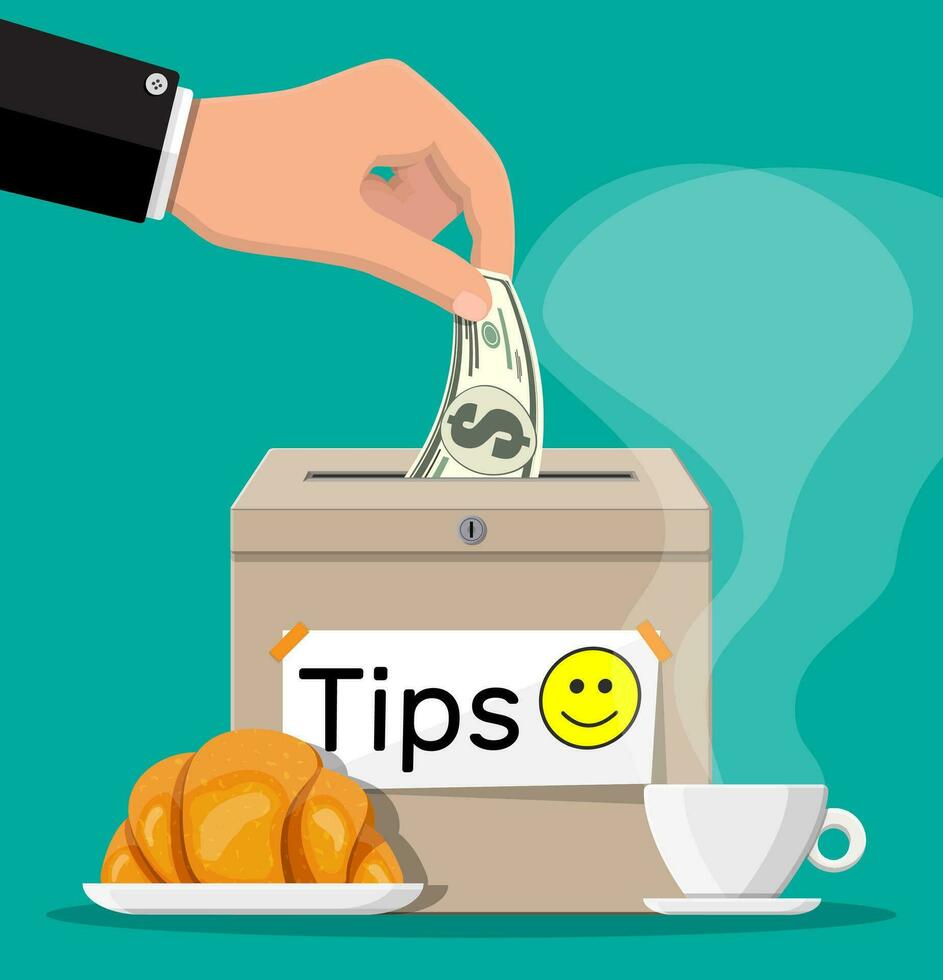 tip doos vol van contant geld en kop van koffie met croissant. bedankt voor de onderhoud. geld voor onderhoud. mooi zo terugkoppeling of bijdrage. fooi concept. vector illustratie in vlak stijl