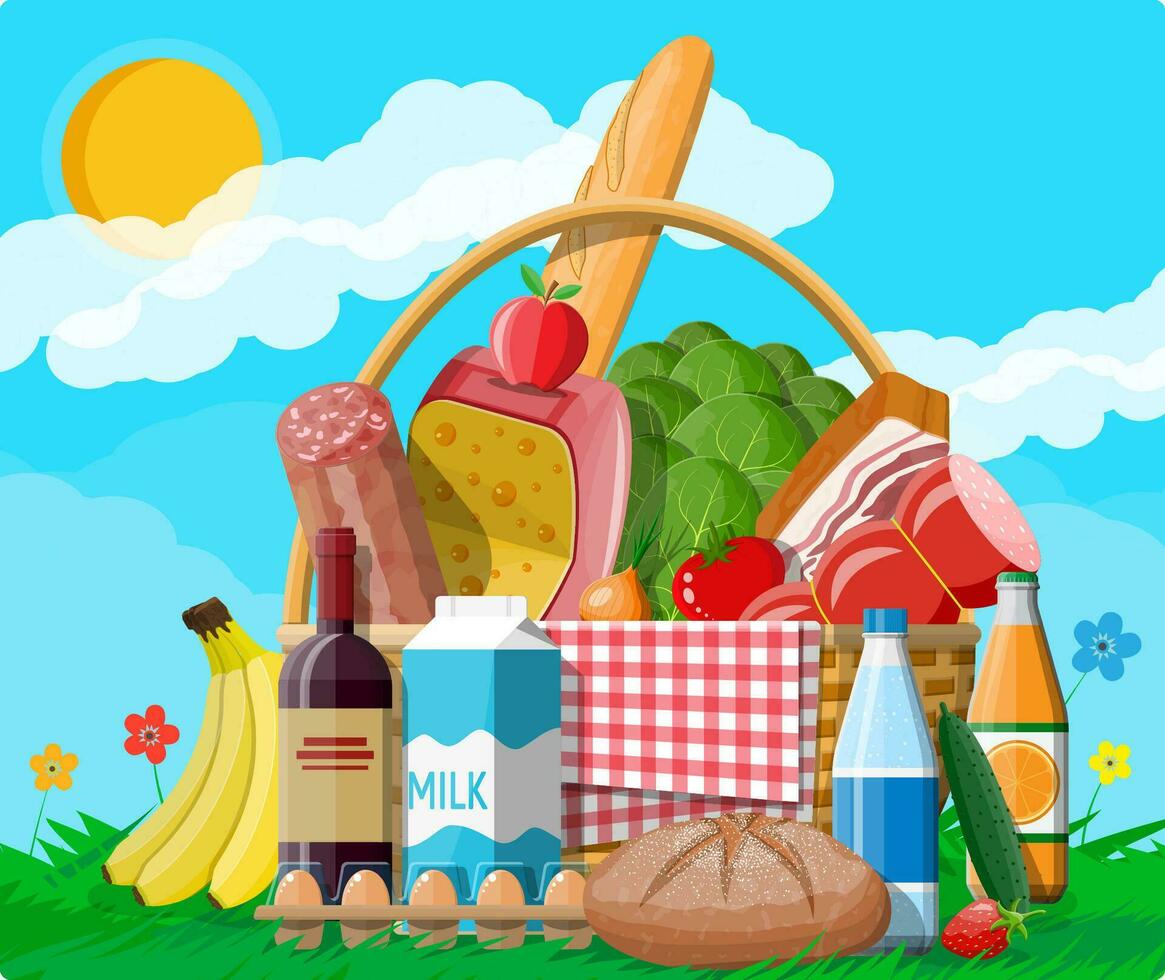 rieten picknick mand vol van producten. wijn, worst, spek en kaas, appel, tomaat, komkommer, salade, oranje sap. gras, bloemen, lucht met wolken en zon. vector illustratie in vlak stijl