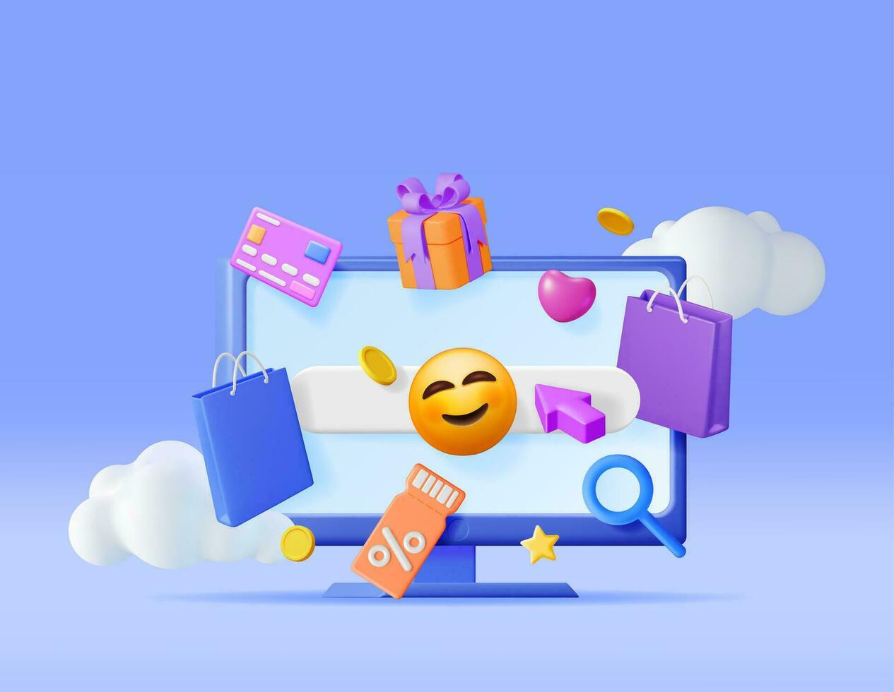 3d online boodschappen doen concept. geven computer met boodschappen doen symbolen. tas, bank kaart, geld, geschenk doos en korting tegoedbon of uitverkoop coupon. online winkel, betaling en levering. vector illustratie