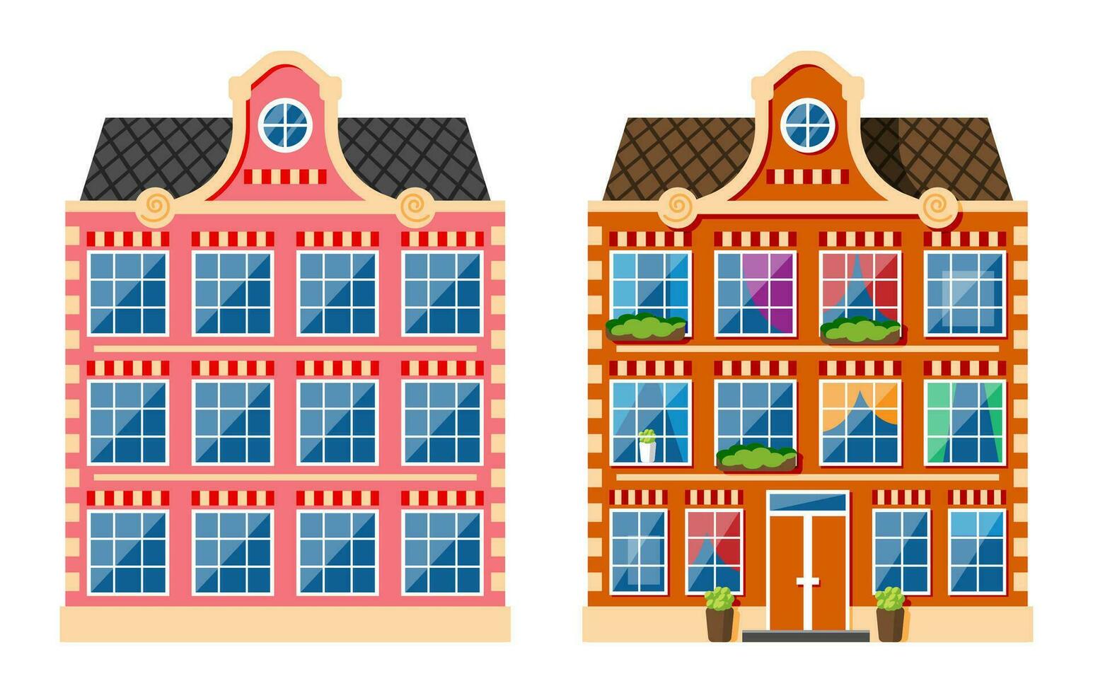 woon- huis icoon in Nederlands stijl. Amsterdam oud gebouw geïsoleerd Aan wit. historisch facade met ramen, deur, bloemen en gordijnen. architectuur van nederland. tekenfilm vlak vector illustratie