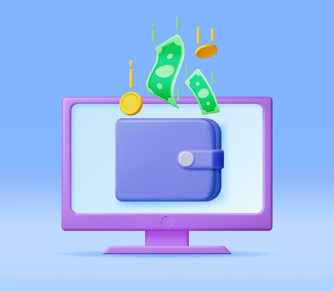 3d computer en portemonnee met geld geïsoleerd. concept van online inkomen. verdiensten in internetten. geven elektronisch portemonnee. online bankieren. freelance werk. groei, inkomen, succes. vector illustratie