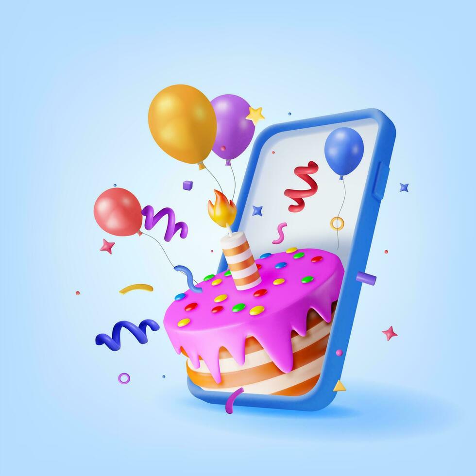 3d smartphone en taart met kaars en confetti. geven telefoon met chocola taart versierd met glazuur glazuur. zoet partij taart, online vakantie verjaardag, viering toetje geschenk. vector illustratie