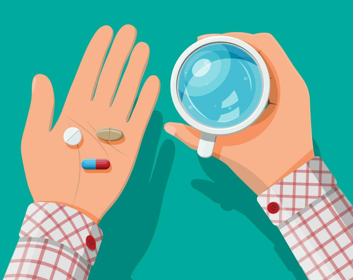 glas van water in hand, pillen, capsules voor ziekte en pijn behandeling. nemen geneesmiddel concept. medisch medicijn, vitamine, antibiotica. gezondheidszorg en apotheek. vector illustratie in vlak stijl