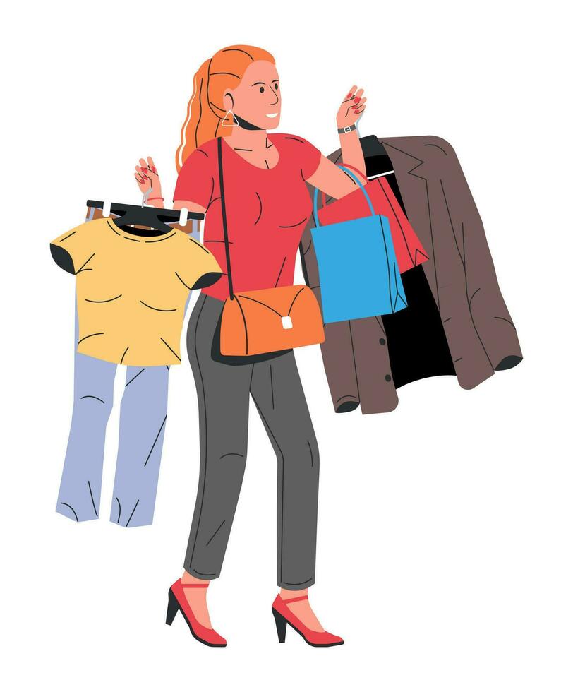 modieus vrouw Holding pakketjes met kleren. Kaukasisch vrouw na winkelen. elegant meisje in zomer kleding en klant tas. vrouw karakter in gewoontjes kleren. vlak vector illustratie