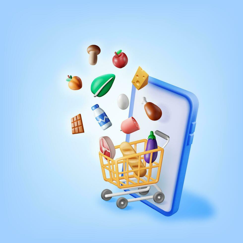 3d smartphone met boodschappen doen kruidenier kar geïsoleerd. geven kruidenier op te slaan levering. internet bestellen. online supermarkt. boodschappen doen winkelcentrum, voedsel drankjes. melk, groenten, vlees, kaas. vector illustratie