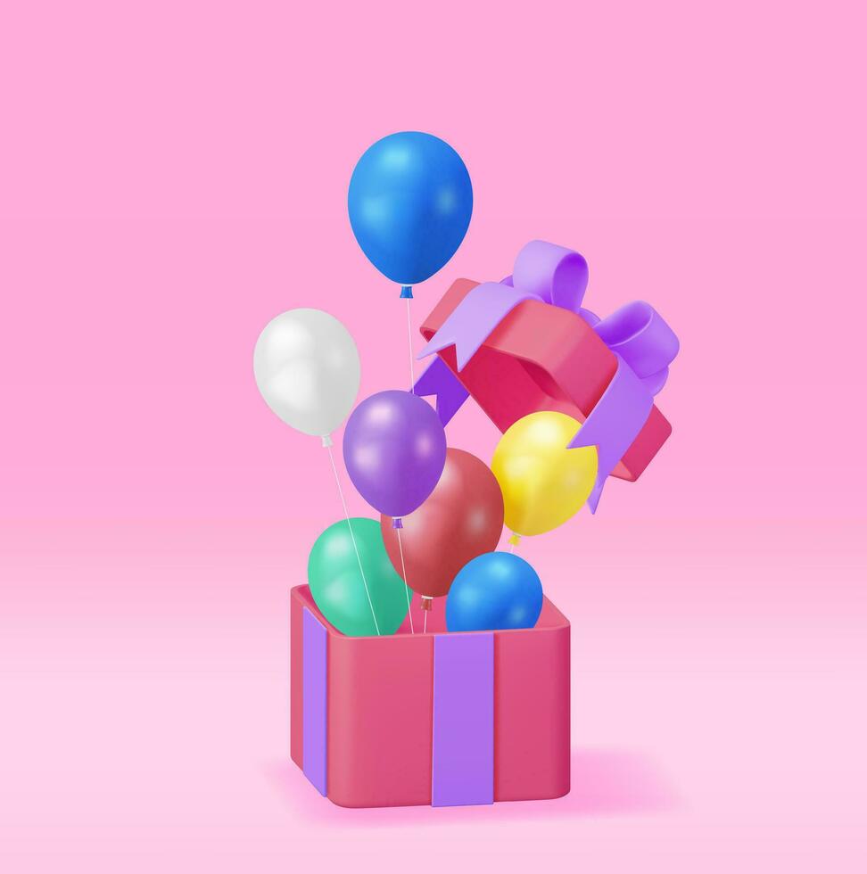 3d glimmend geschenk doos met ballon geïsoleerd. geven feestelijk helium kleur ballonnen giftbox spandoek. sjabloon voor verjaardag, verjaardag partij, Kerstmis vakantie, Valentijn dag. vector illustratie