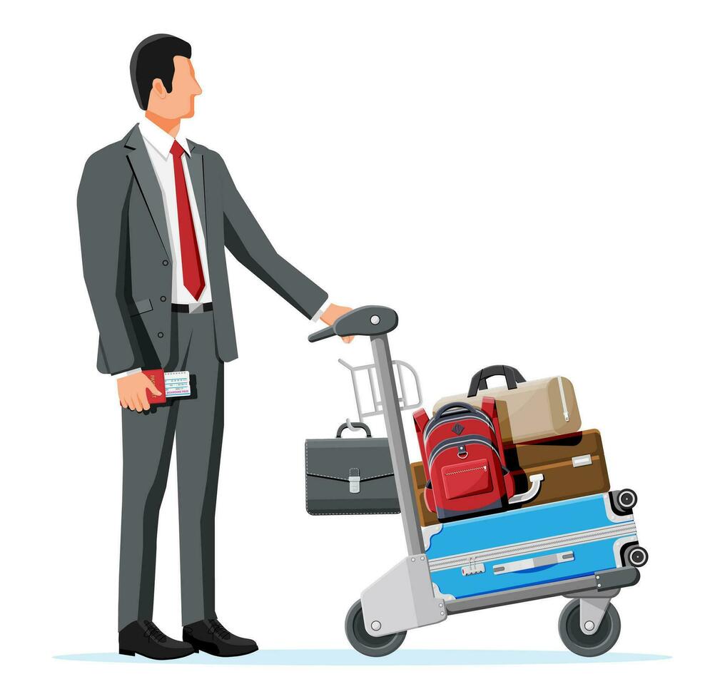 Mens en hand- vrachtauto vol van Tassen geïsoleerd Aan wit. metaal luchthaven bagage trolley icoon. hand- kar. handkar voor bagage of winkelen. vervoer apparatuur. tekenfilm vlak vector illustratie