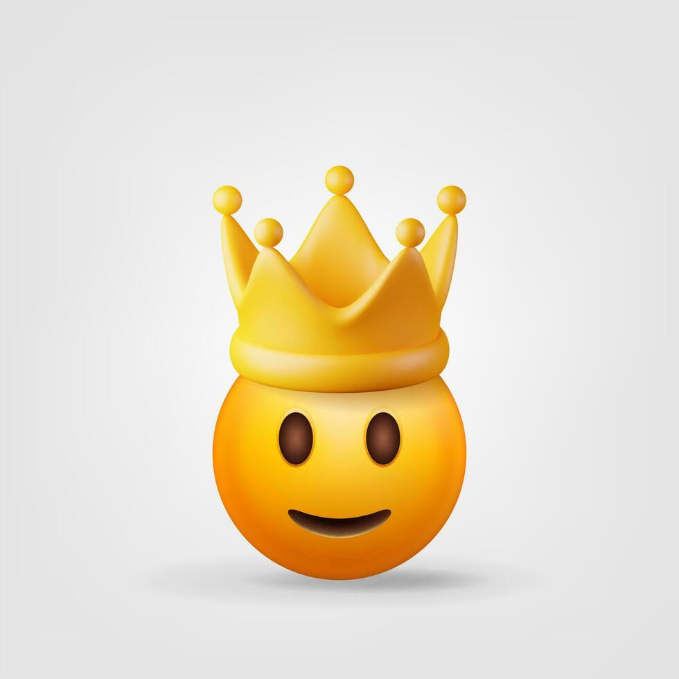 3d schattig emoji gezicht met gouden kroon. geven glimlach en goud kroon symbool. emoticon voor vip, rijk, winnaar luxe premie succes. klant terugkoppeling beoordeling of toestand tekens. realistisch vector illustratie