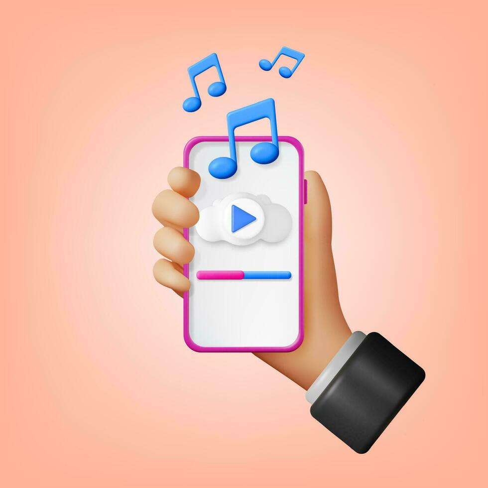 3d hand- met muziek- wolk Notitie in mobiel telefoon. geven smartphone streaming muziek- platform icoon. modern muziek- onderhoud. Notitie realistisch ontwerp. musical Opmerking, geluid lied of lawaai teken. vector illustratie