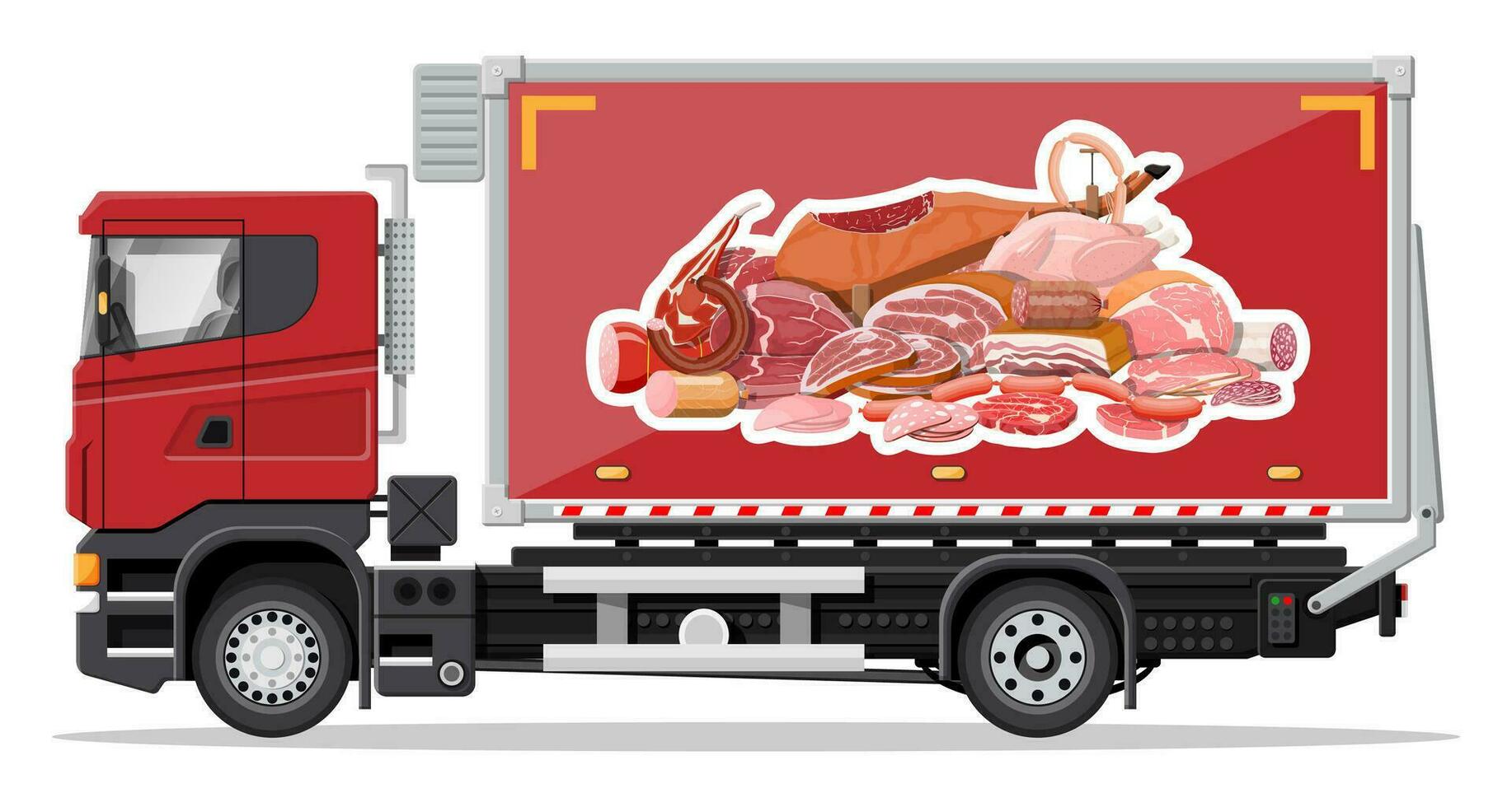 vrachtauto auto vol van vlees producten. winkel en boerderij leveren onderhoud. levering en verkoop vlees en kruidenier producten concept. worst, kip, steak. lading en logistiek. tekenfilm vlak vector illustratie