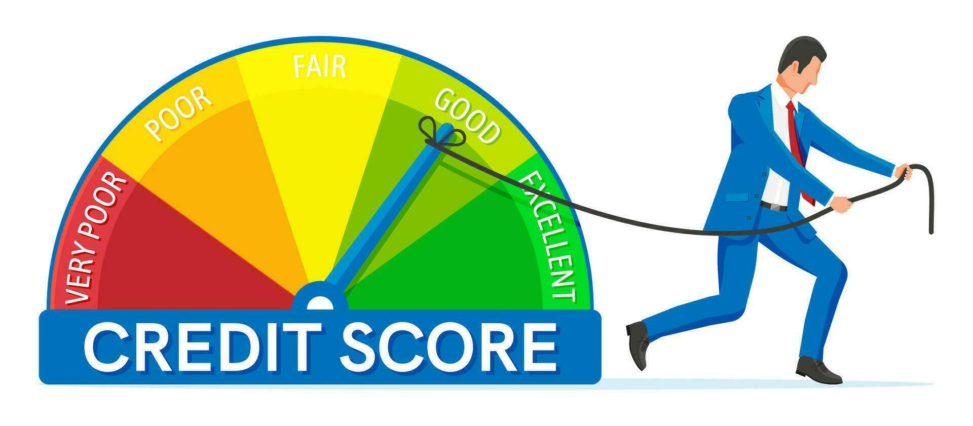 zakenman veranderen persoonlijk credit informatie. Mens voortvarend pijl naar maken credit geschiedenis beter. Mens verbetert zijn kredietwaardigheid, credit scoren, goedkeuring solvabiliteit. vlak vector illustratie