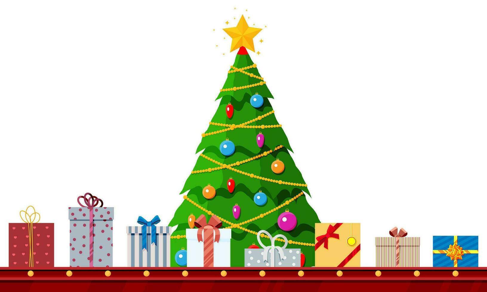 Kerstmis boom, fabriek pakketten cadeaus dozen. feestelijk presenteert transportband. presenteert levering en Verzenden. gelukkig nieuw jaar decoratie. vrolijk Kerstmis vakantie. nieuw jaar en Kerstmis. vlak vector illustratie