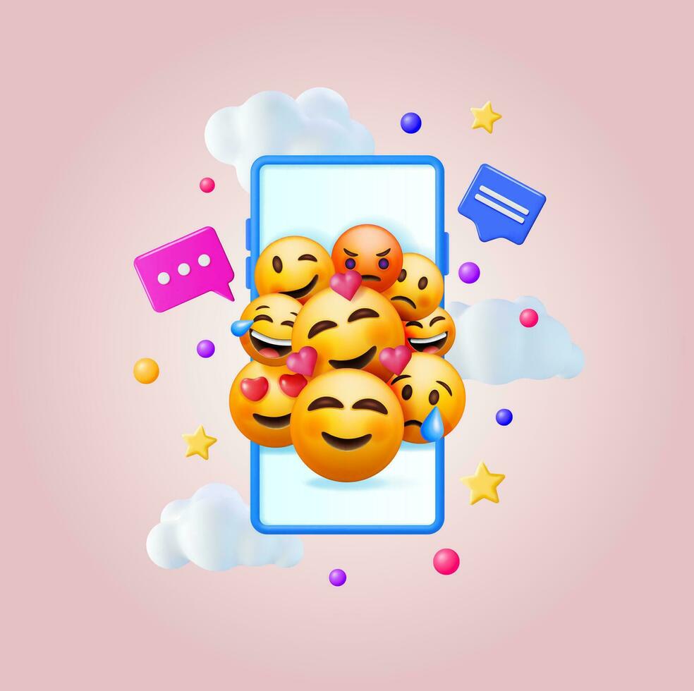 3d reeks van emoticons in smartphone. sociaal media geel gezichten met divers emoties en uitdrukking. scheur glimlach verdrietig liefde gelukkig ongelukkig Leuk vinden lol boos knipoog gelach emoji karakter. vector illustratie