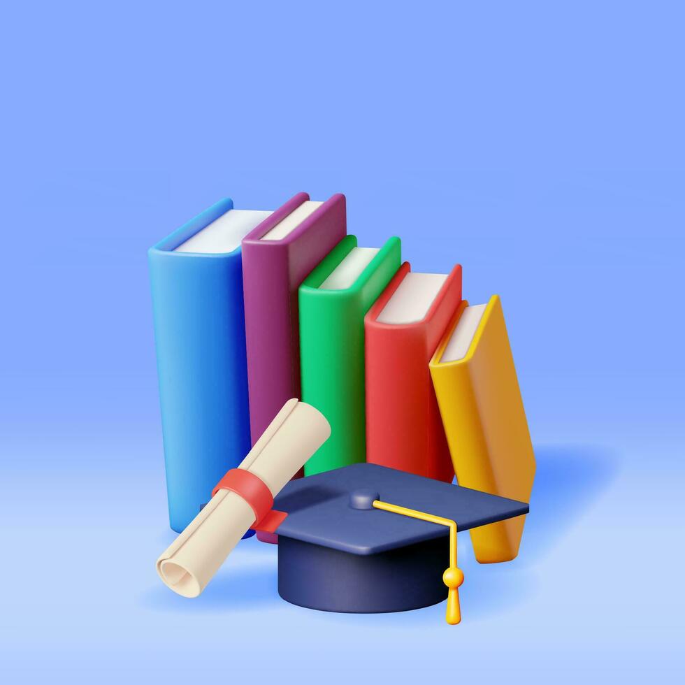 3d diploma uitreiking pet met diploma en stapel van boeken geïsoleerd. geven diploma uitreiking hoed en leerboek. onderwijs symbool. baret hoed met kwast. opleiding, mate ceremonie concept. vector illustratie