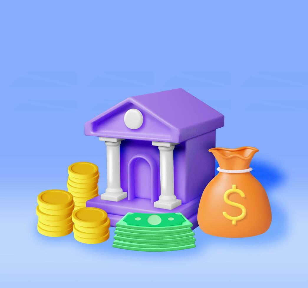 3d bank gebouw en contant geld geld. geven financieel huis icoon. bouw met kolommen in oude ontwerp. geld storting en opname, financieel transacties onderhoud bankieren. vector illustratie