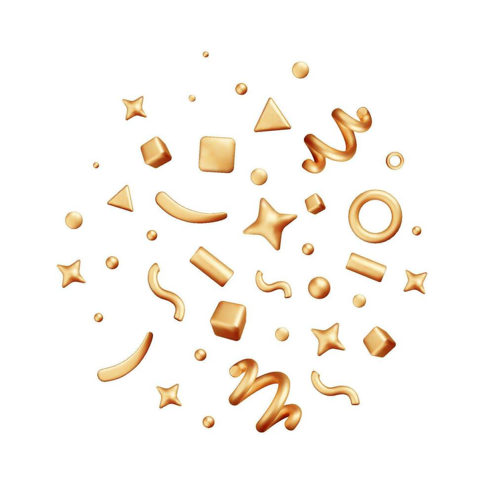 3d partij goud confetti reeks geïsoleerd Aan wit. geven gouden confetti verzameling. metaal voetzoeker elementen in divers vormen. partij, vakantie, verrassing of verjaardag evenementen. vector illustratie