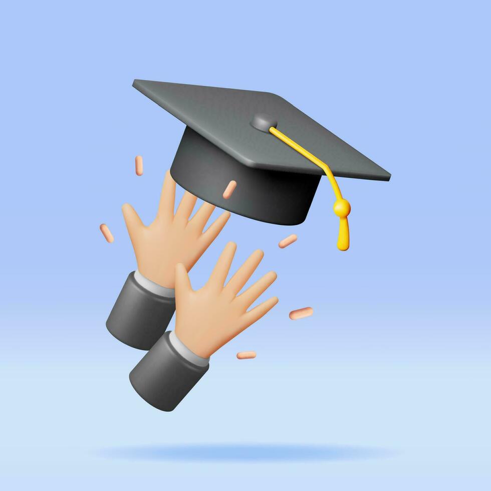 3d hand- van afgestudeerden het werpen diploma uitreiking hoeden in lucht. geven hand- met diploma uitreiking pet in lucht. concept van onderwijs. college of Universiteit ceremonie. bachelor opleiding feest. vector illustratie