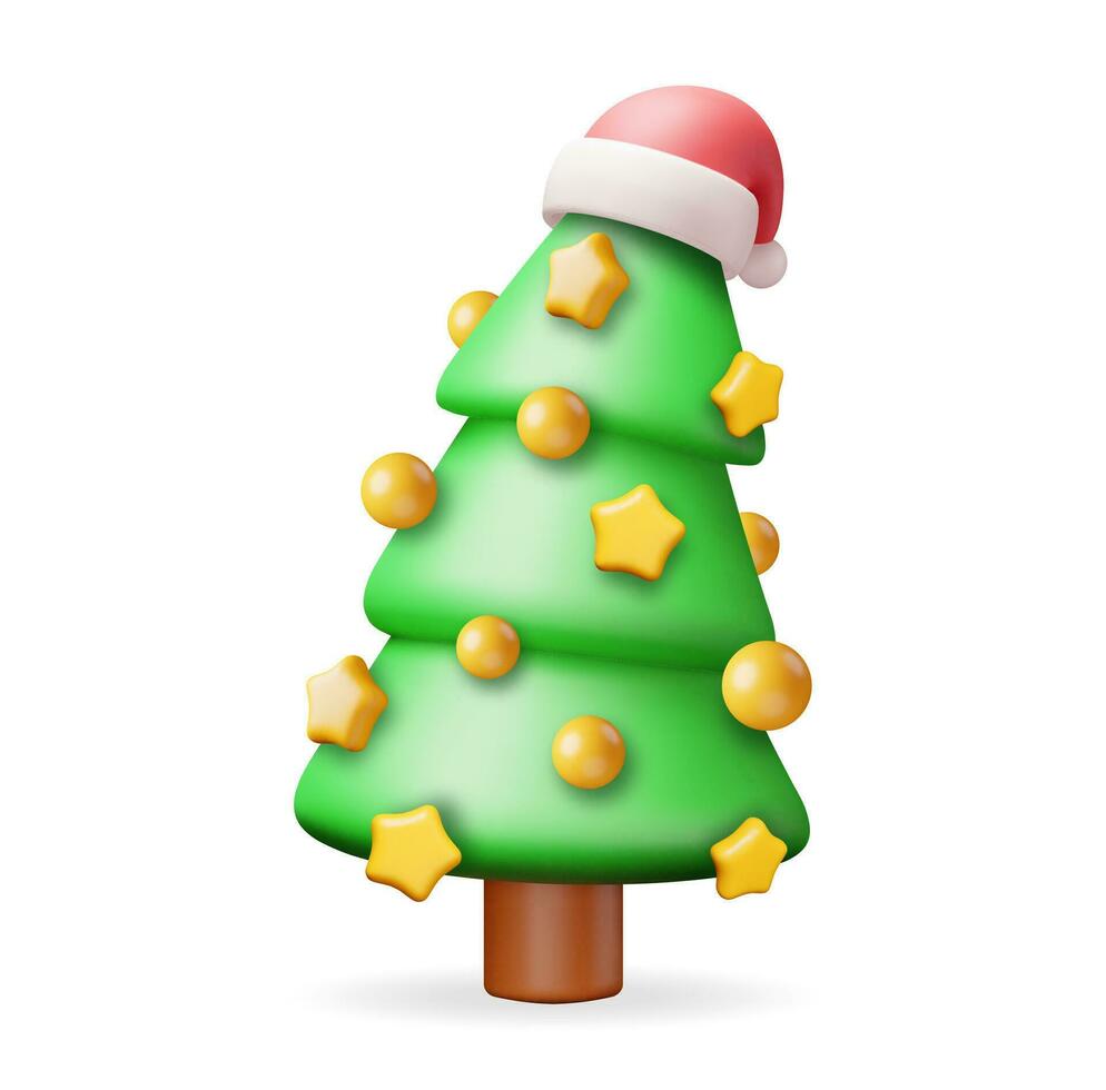3d Kerstmis boom versierd met goud ballen, de kerstman hoed, gouden ster. geven spar, groenblijvend boom. groet kaart, feestelijk poster, partij uitnodigingen. nieuw jaar. realistisch vector illustratie