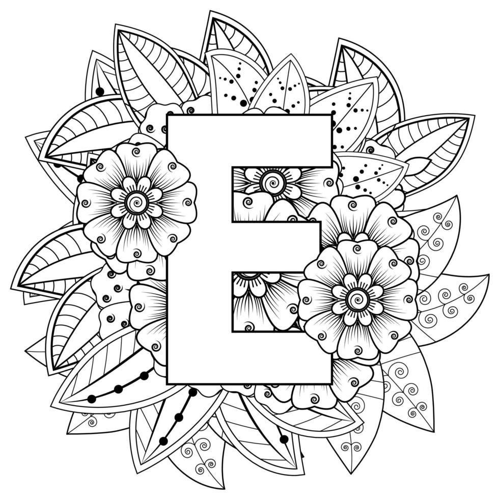 letter e met mehndi-bloem. decoratief ornament in etnische oosterse stijl. kleurboek pagina. vector