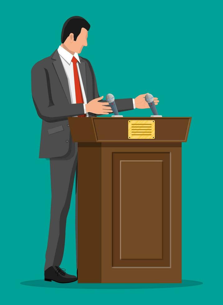 redenaar sprekend van tribune. openbaar spreker. houten rostrum met microfoons voor presentatie. stellage, podium voor conferenties, lezingen debatten. politiek en stemming. vlak vector illustratie