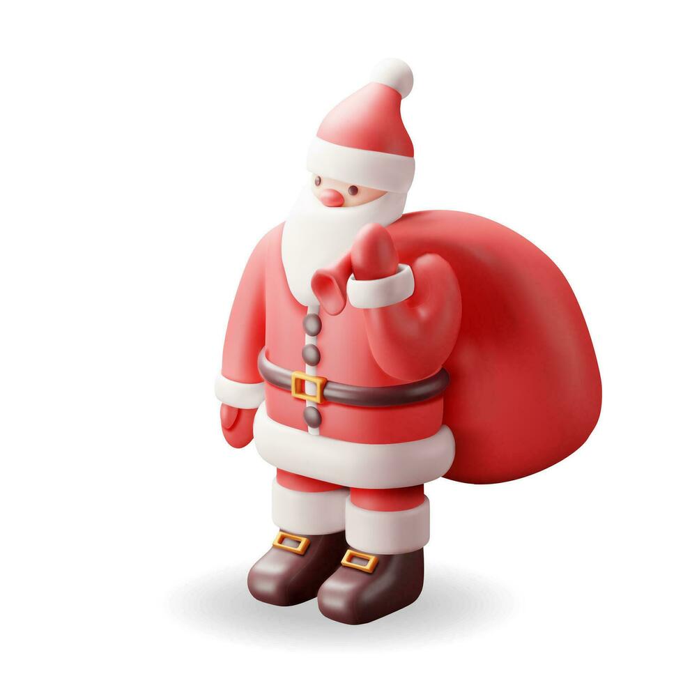 3d de kerstman claus karakter met geschenk zak geïsoleerd. geven staand Kerstmis de kerstman. gelukkig nieuw jaar decoratie. vrolijk Kerstmis vakantie. nieuw jaar en Kerstmis viering. realistisch vector illustratie