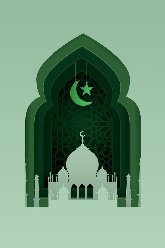 vector illustratie van Islam met een wit papier moskee Aan een groen achtergrond