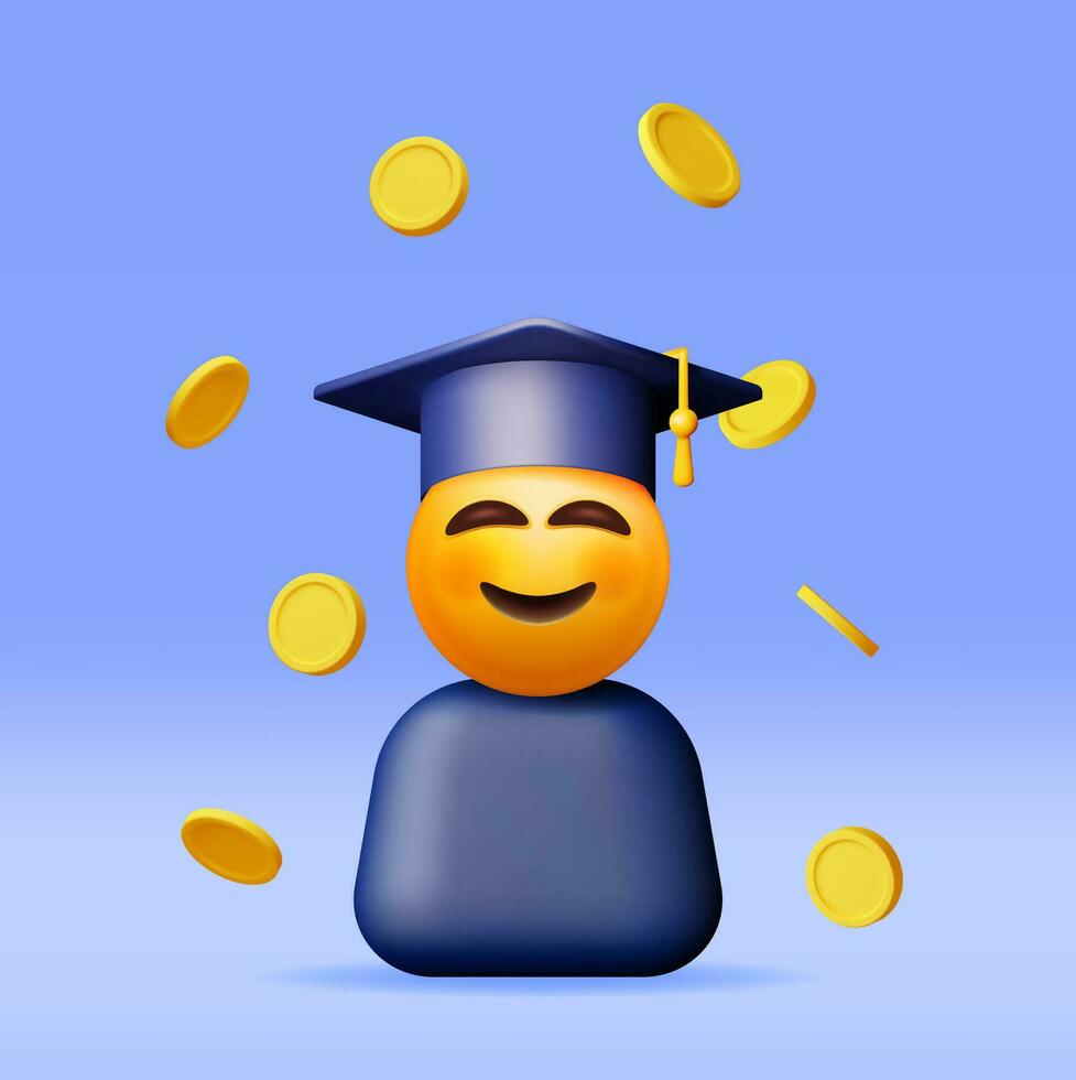 3d gelukkig glimlachen emoticon in afstuderen pet in munten. geven glimlach leerling in diploma uitreiking hoed. contant geld geld voor opleiding, spaargeld en investering. academisch en school- kennis. vector illustratie