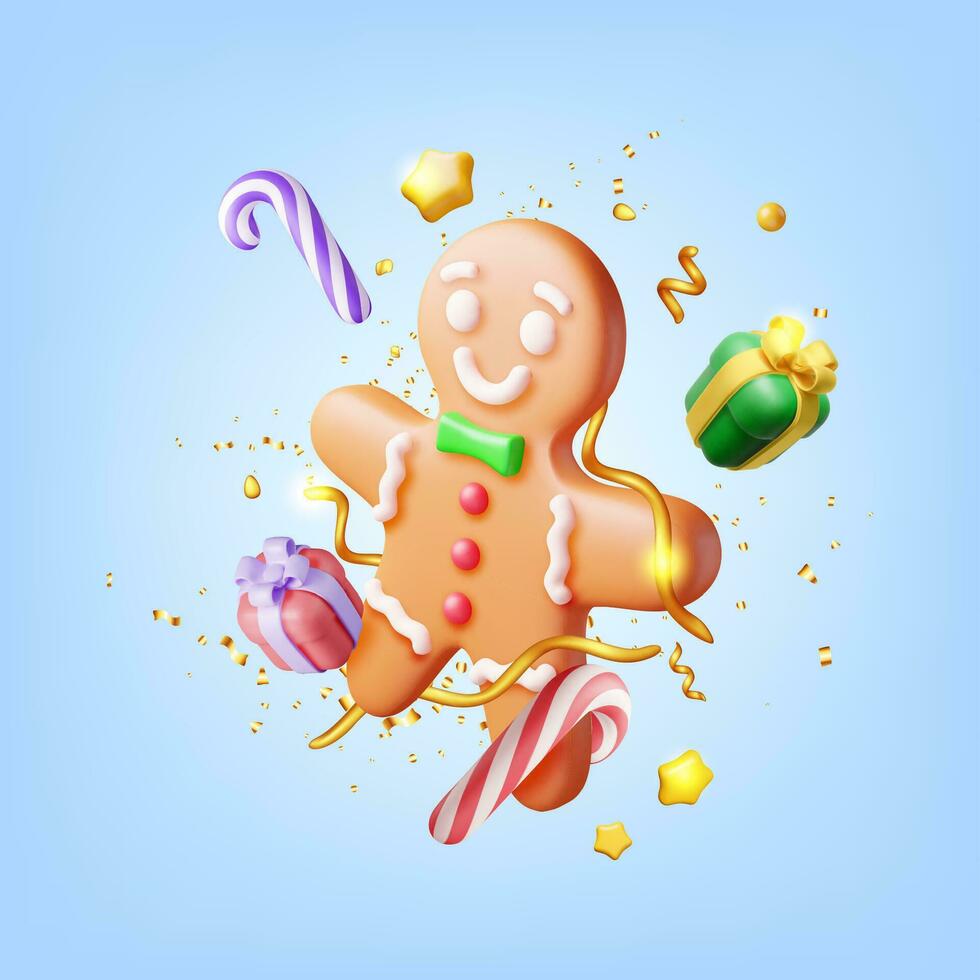 3d vakantie peperkoek Mens koekje en confetti. geven koekje in vorm van Mens met gekleurde glazuur. gelukkig nieuw jaar decoratie. vrolijk Kerstmis vakantie. nieuw jaar Kerstmis viering. vector illustratie