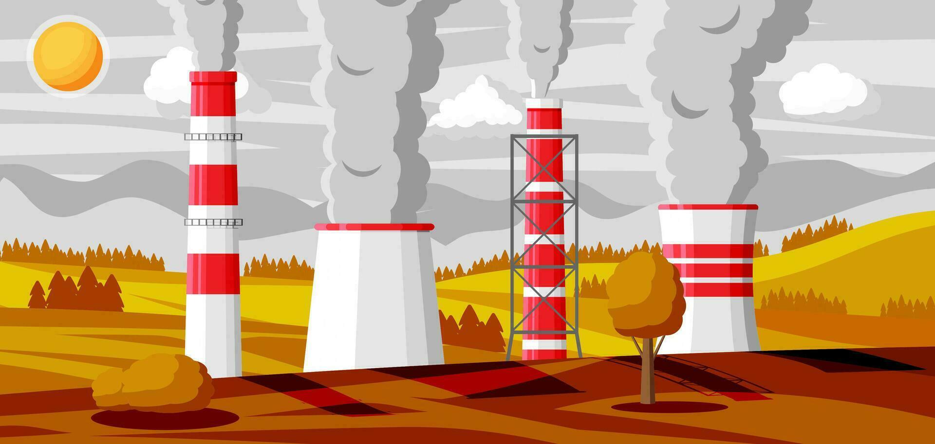 panoramisch industrieel landschap. roken fabriek pijpen in velden. fabriek pijpen lucht zon. koolstof dioxide uitstoot. milieu besmetting verontreiniging van omgeving. vlak vector illustratie