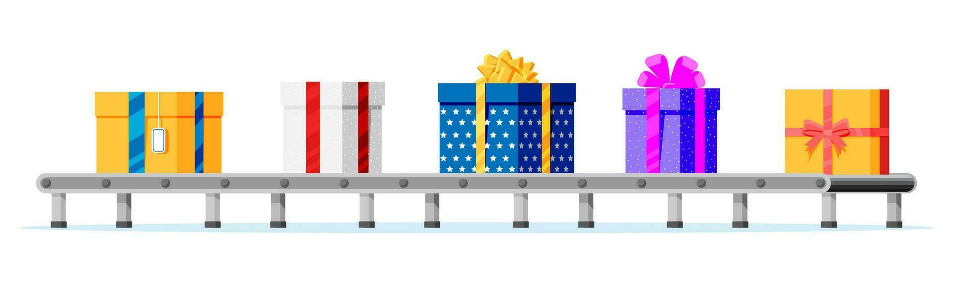 Kerstmis fabriek pakketten cadeaus dozen. feestelijk presenteert transportband. presenteert levering en Verzenden. gelukkig nieuw jaar decoratie. vrolijk Kerstmis vakantie. nieuw jaar en Kerstmis. vlak vector illustratie