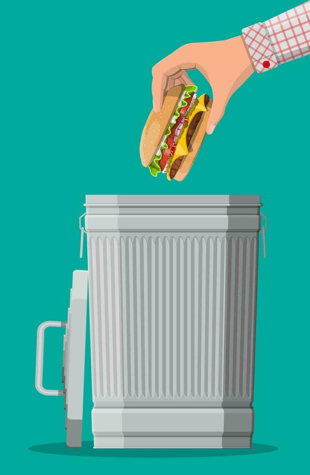 hand- het werpen weg hamburger naar uitschot bak. verboden cheeseburger, verboden ongezond Fast food. afwijzen rommel voedsel, snacks. dik, overgewicht. vector illustratie in vlak stijl