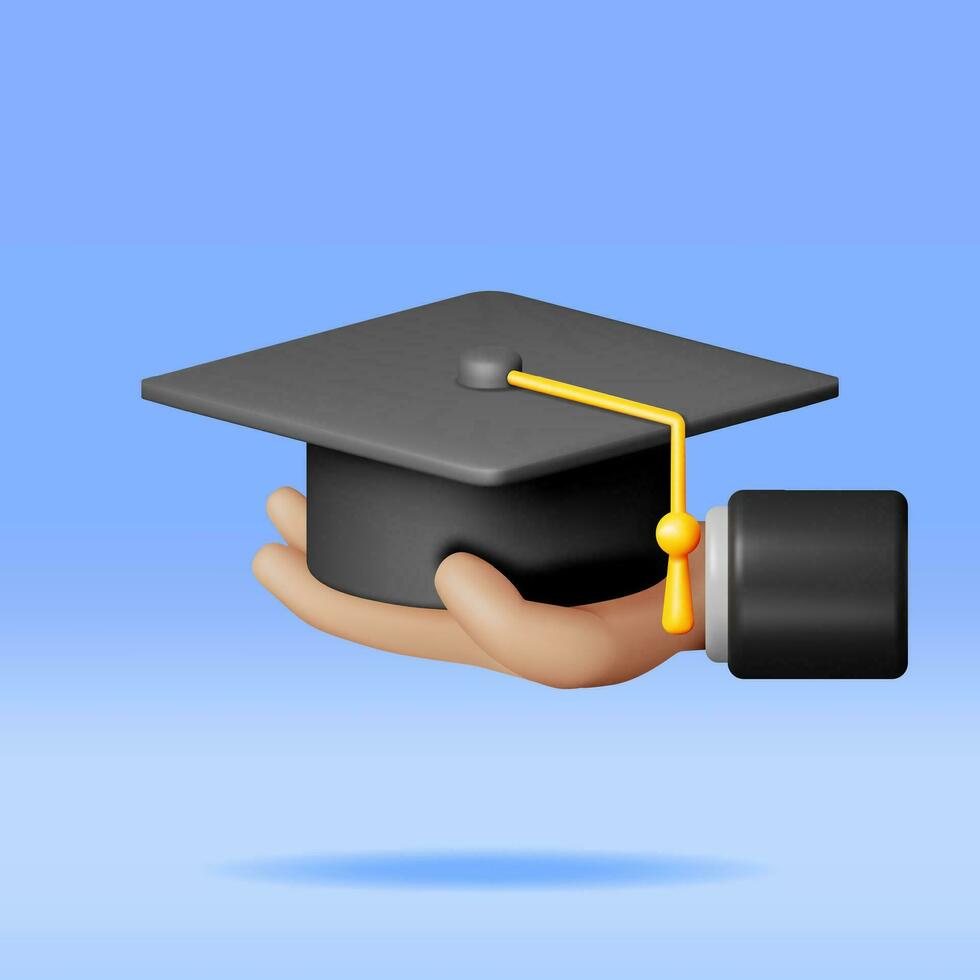 3d hand- van afgestudeerden en diploma uitreiking hoed geïsoleerd. geven hand- met diploma uitreiking kap. concept van onderwijs. college of Universiteit ceremonie. bachelor opleiding feest. vector illustratie