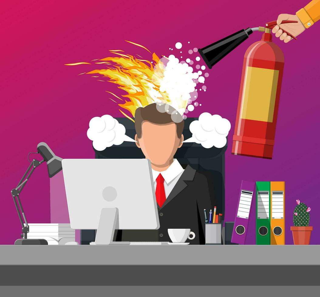 benadrukt zakenman met haar- Aan brand krijgt helpen van Mens met brandblusser. deadline, laat met werken taak. overwerkt benadrukt kantoor arbeider. tijd beheer. vlak vector illustratie