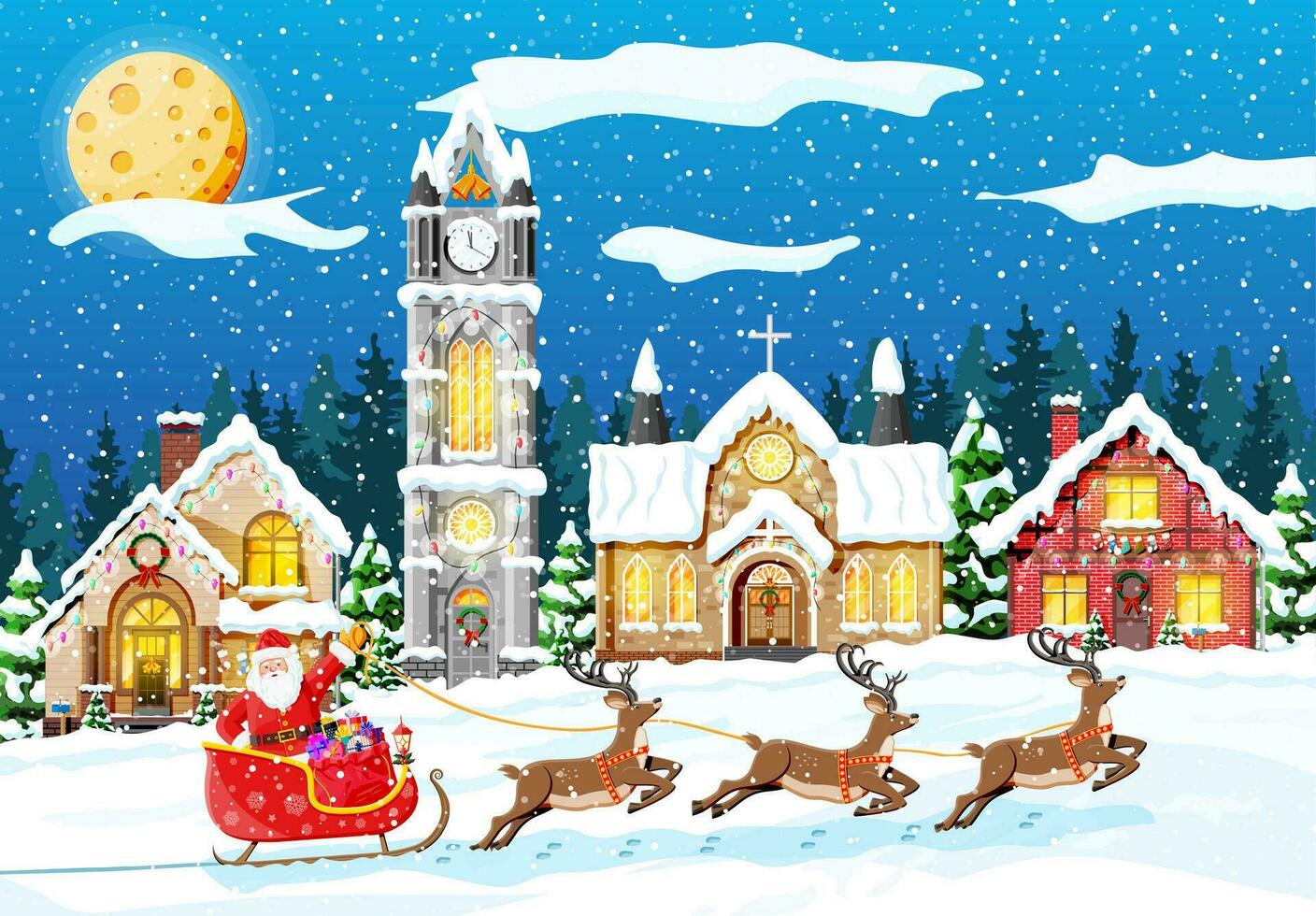 dorp gedekt sneeuw. gebouw in vakantie ornament. Kerstmis landschap, boom, Woud de kerstman slee rendieren. nieuw jaar decoratie. vrolijk Kerstmis vakantie Kerstmis viering. vector illustratie