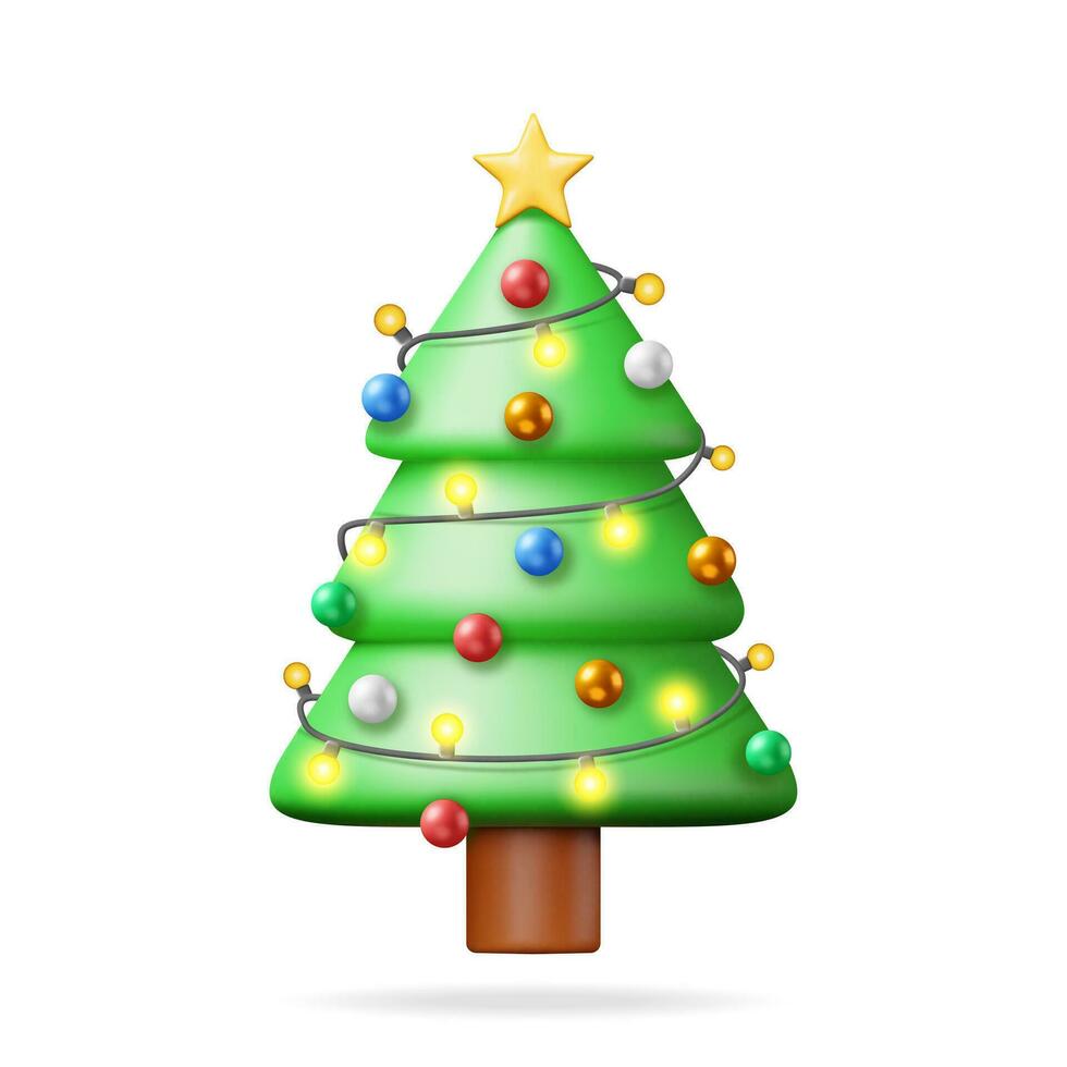 3d Kerstmis boom versierd met kleurrijk ballen, slinger lichten, gouden ster. geven spar, groenblijvend boom. groet kaart, feestelijk poster, partij uitnodigingen. nieuw jaar. realistisch vector illustratie