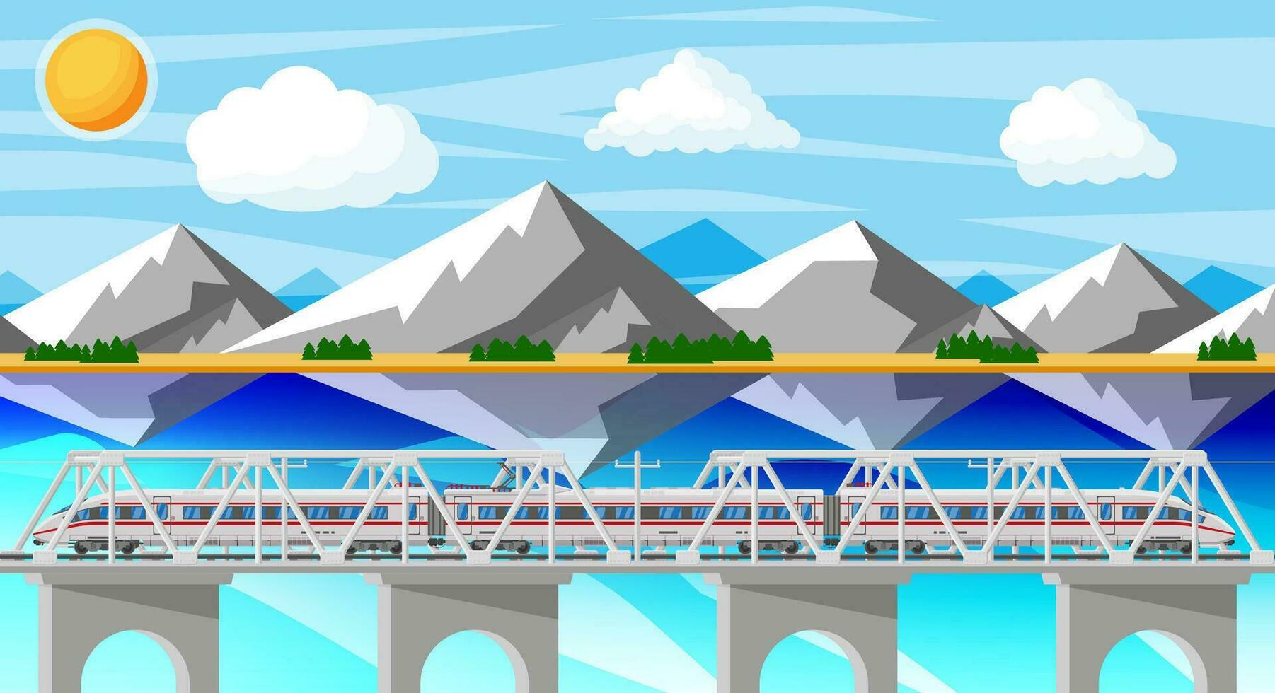 trein en landschap met berg. super gestroomlijnd trein. passagier uitdrukken spoorweg locomotief. monorail spoorweg openbaar vervoer. snel vervoer metro. vlak vector illustratie