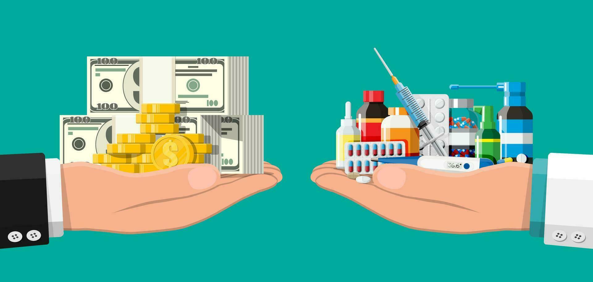 hand- balans met stapel van geld en flessen van verdovende middelen en pillen. Gezondheid verzekering en gezondheidszorg. buying en verkoop drugs. apotheek winkel. vector illustratie in vlak stijl