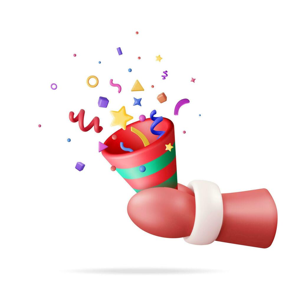 3d partij popper met confetti in de kerstman claus hand- geïsoleerd. geven Kerstmis confetti verzameling. kleurrijk voetzoeker elementen in divers vormen. nieuw Ja en Kerstmis evenementen. vector illustratie