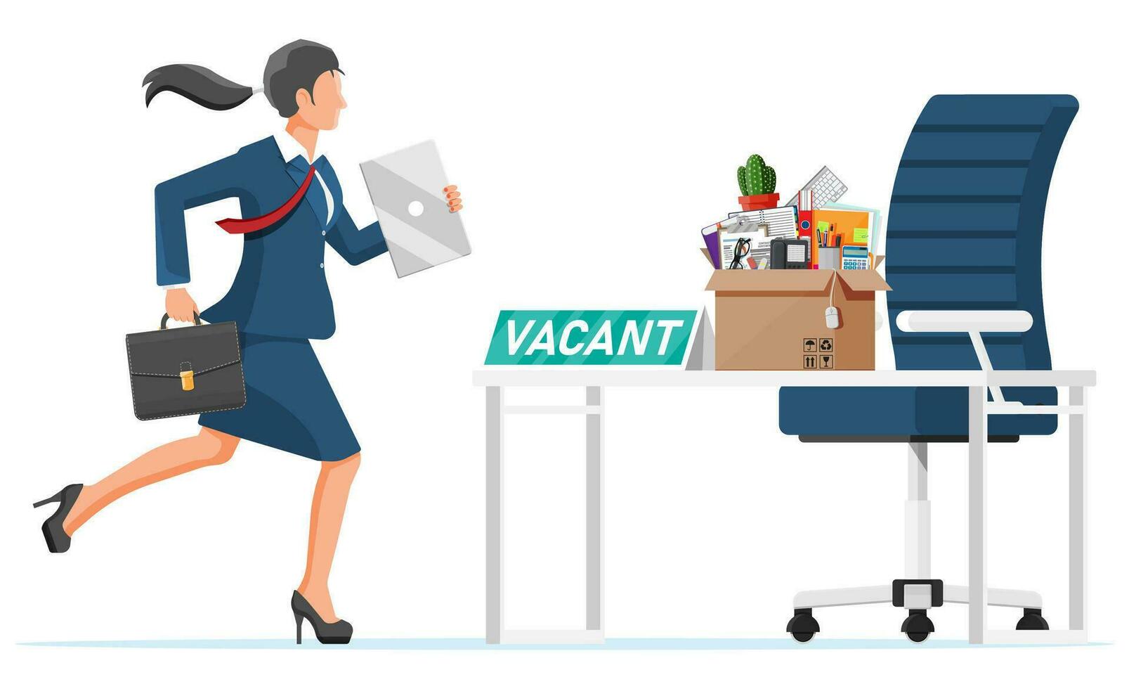 kantoor meubilair, teken vacature. werknemer met doos met kantoor goederen. in dienst nemen en werving. menselijk middelen beheer, zoeken professioneel personeel, werk. gevonden Rechtsaf cv. vlak vector illustratie