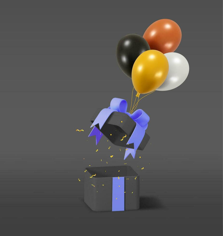 3d donker glimmend geschenk doos met ballon schitteren. geven feestelijk helium metalen ballonnen spandoek. goud en zwart kleuren met gouden confetti . verjaardag, verjaardag, opening feest. vector illustratie