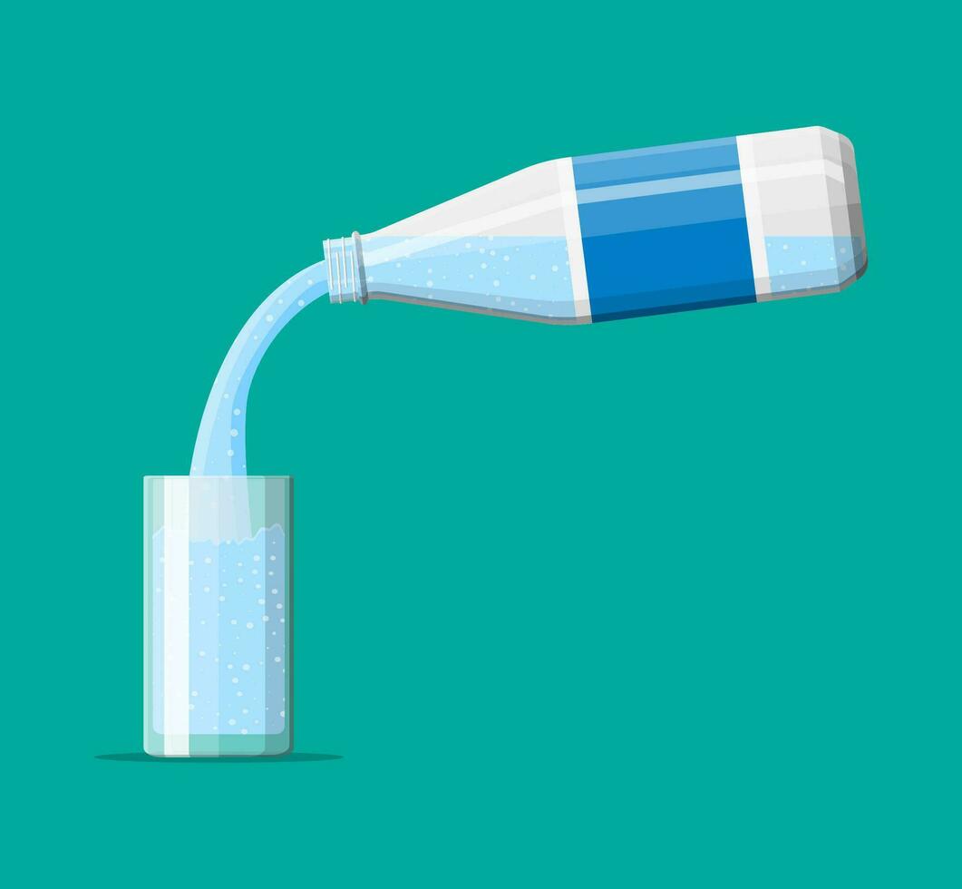 plastic fles en glas van vers zuiver mineraal water. koolzuurhoudend Frisdrank drankje. vector illustratie in vlak stijl