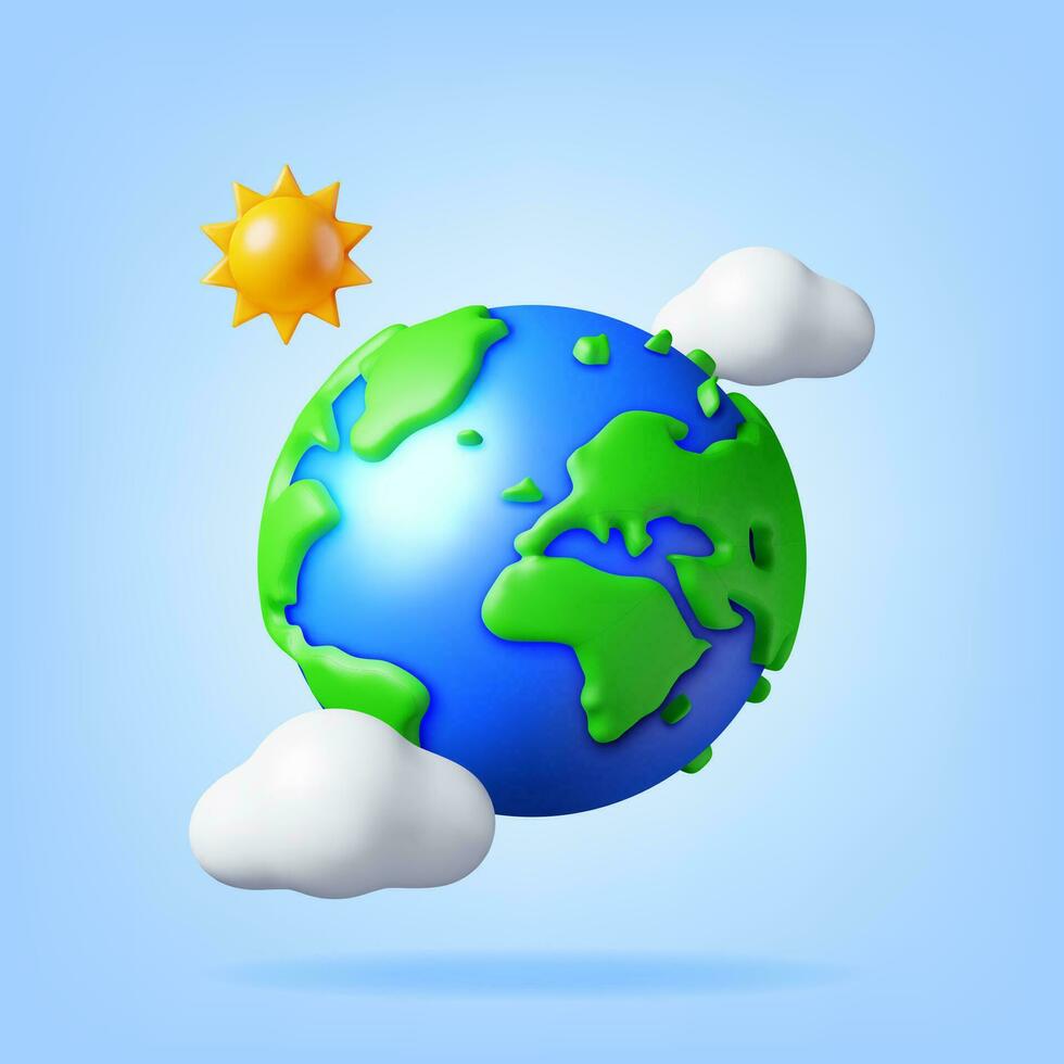 3d tekenfilm planeet aarde in wolken met zon. geven wereld kaart silhouet. planeet icoon. cartografie en geografie. aarde dag, opslaan groen planeet, milieu behoud concept. vector illustratie