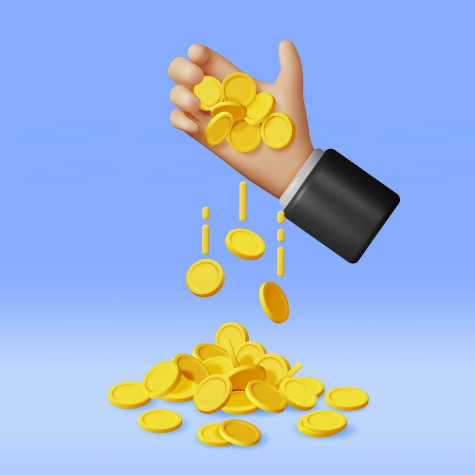 3d hand- vol van goud munten geïsoleerd. geven geld in hand. gouden contant geld munten. groei, inkomen, besparingen, investering. symbool van rijkdom. bedrijf succes. vector illustratie.