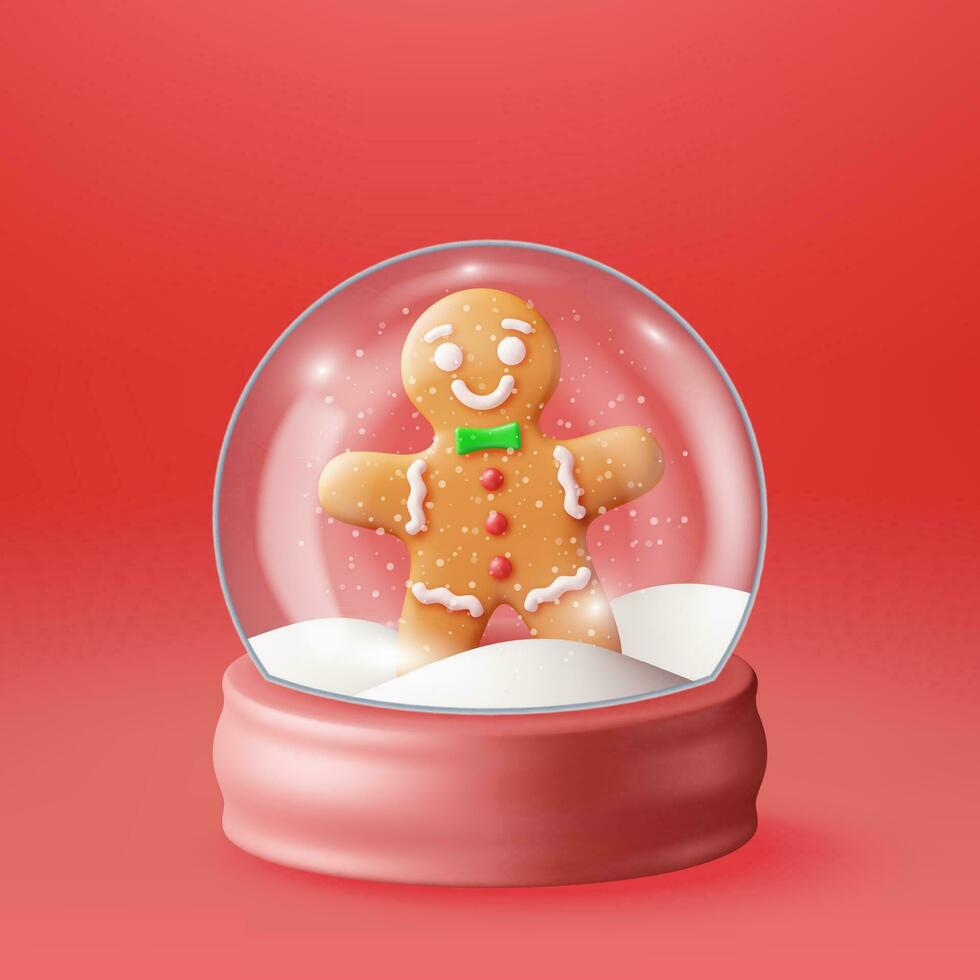 3d glas Kerstmis sneeuw wereldbol met peperkoek Mens geïsoleerd. geven gebied podium met peperkoek Mens. nieuw jaar decoratie. vrolijk Kerstmis vakantie. Kerstmis viering. realistisch vector illustratie