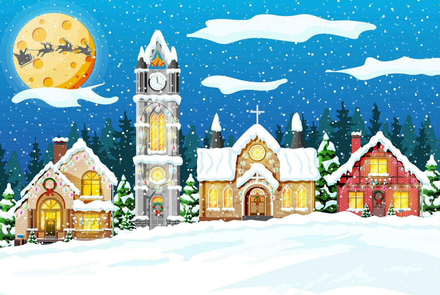 dorp gedekt sneeuw. gebouw in vakantie ornament. Kerstmis landschap, boom, Woud de kerstman slee rendieren. nieuw jaar decoratie. vrolijk Kerstmis vakantie Kerstmis viering. vector illustratie