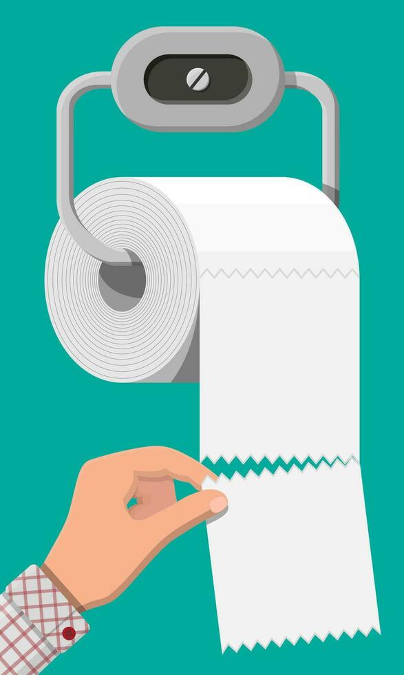 wit rollen van toilet papier Aan houder. streng van papier voor toilet. vector illustratie in vlak stijl