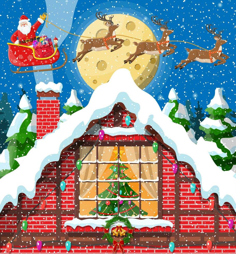 buitenwijk huis gedekt sneeuw. gebouw in vakantie ornament. Kerstmis landschap boom, de kerstman slee rendieren. nieuw jaar decoratie. vrolijk Kerstmis vakantie Kerstmis viering. vector illustratie